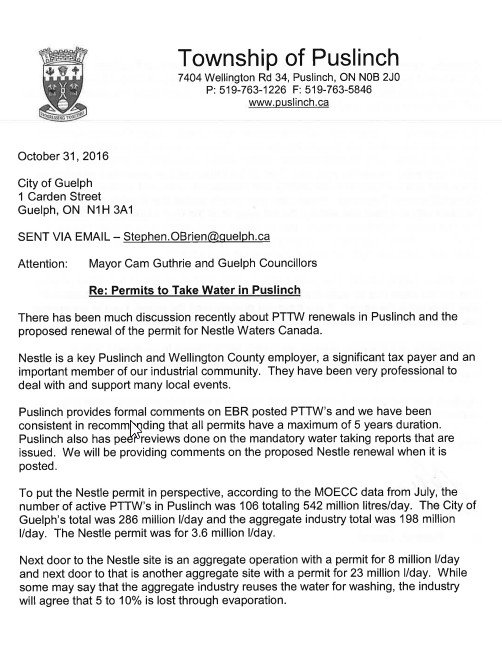 Letter from Puslinch mayor to Guelph Council re water taking permits and Nestle Waters Canada